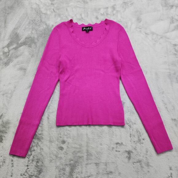 Marled Sweater Womens S Pink Scalloped Scoop Neck Ribbed Stretch Knit Pullover - Picture 1 of 10